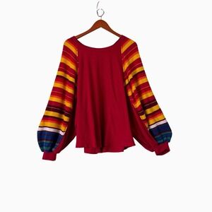 Free People Womens Red Rainbow Stripe Balloon Sleeve Boho Thermal Top  Size L